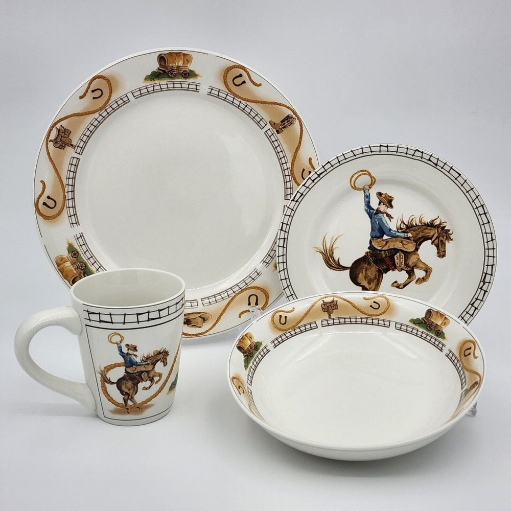 American Atelier Western Stoneware 'Cowboy' 4 piece single place setting